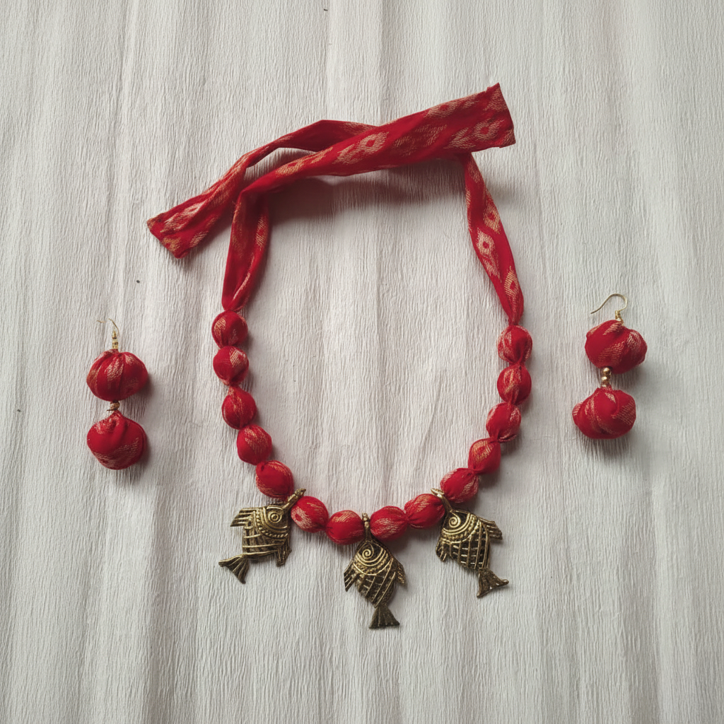 Handcrafted Red Fabric Bead Necklace Set with Tribal Fish Charms