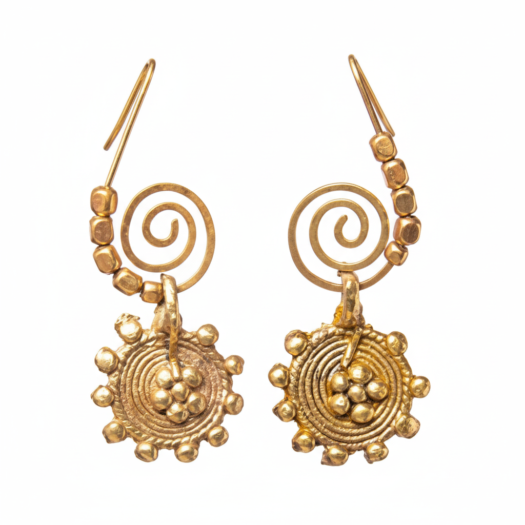 Dhokra Spiral Coin Earrings with Beaded Edge