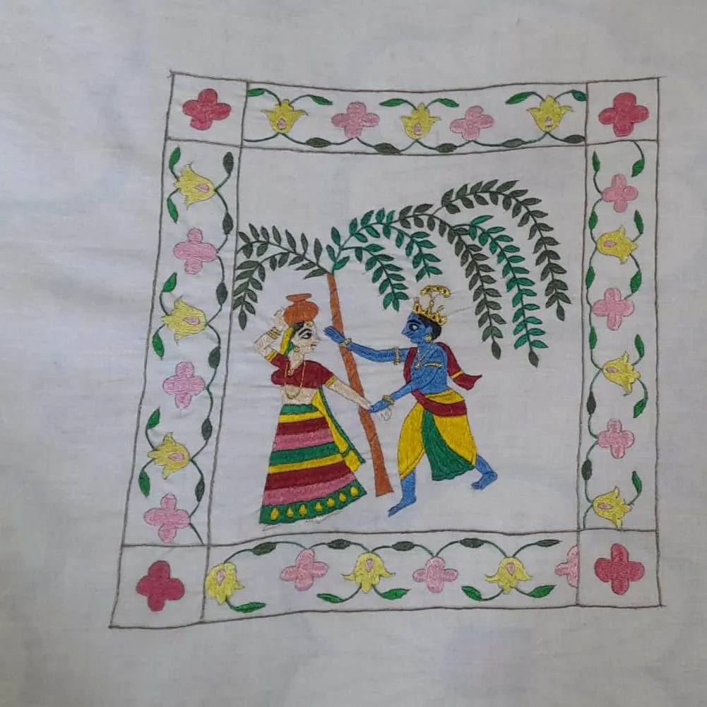 Handcrafted Chamba Rumal with Krishna and Gopi Scene Embroidery