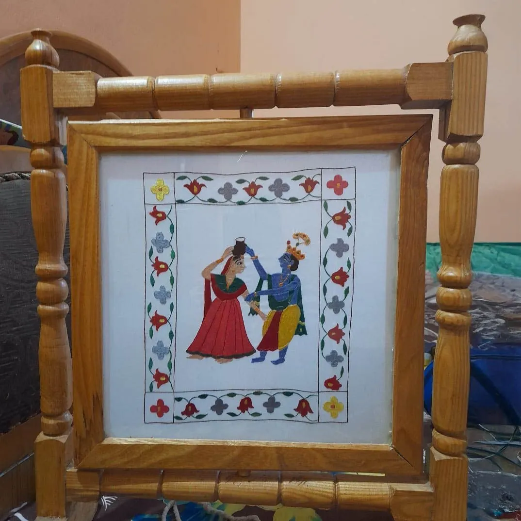 Framed Chamba Embroidery Art - Krishna with Radha
