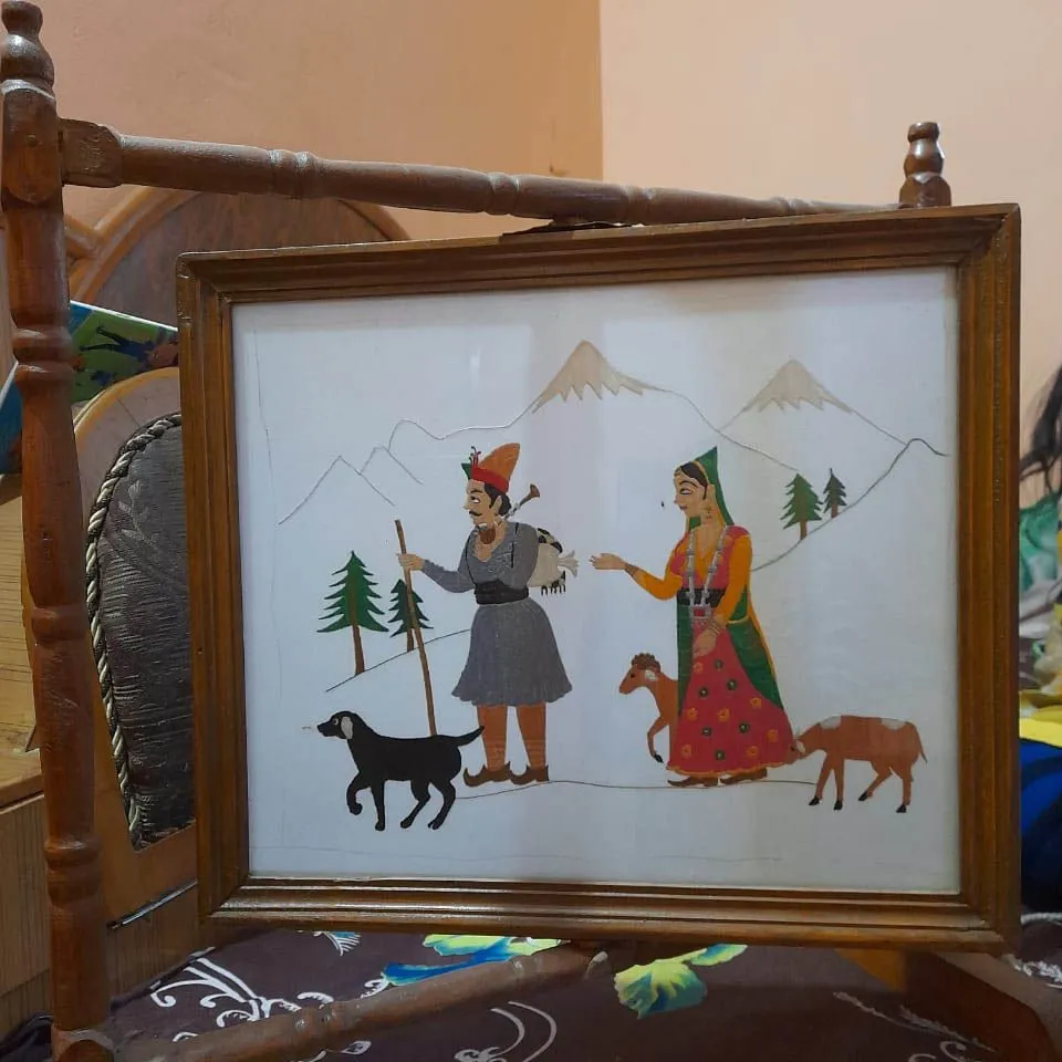 Framed Chamba Embroidery Art - Himalayan Pastoral Scene