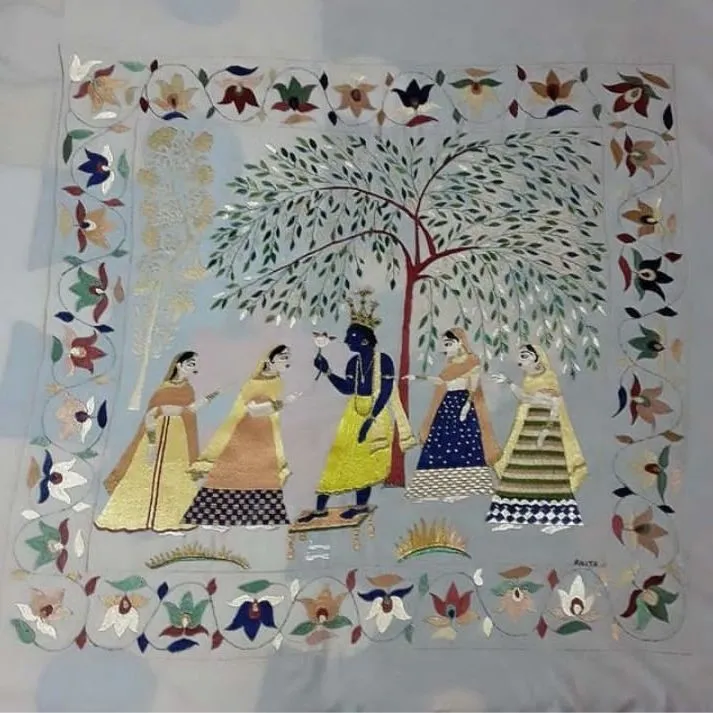Krishna and Gopis Embroidered Chamba Rumal