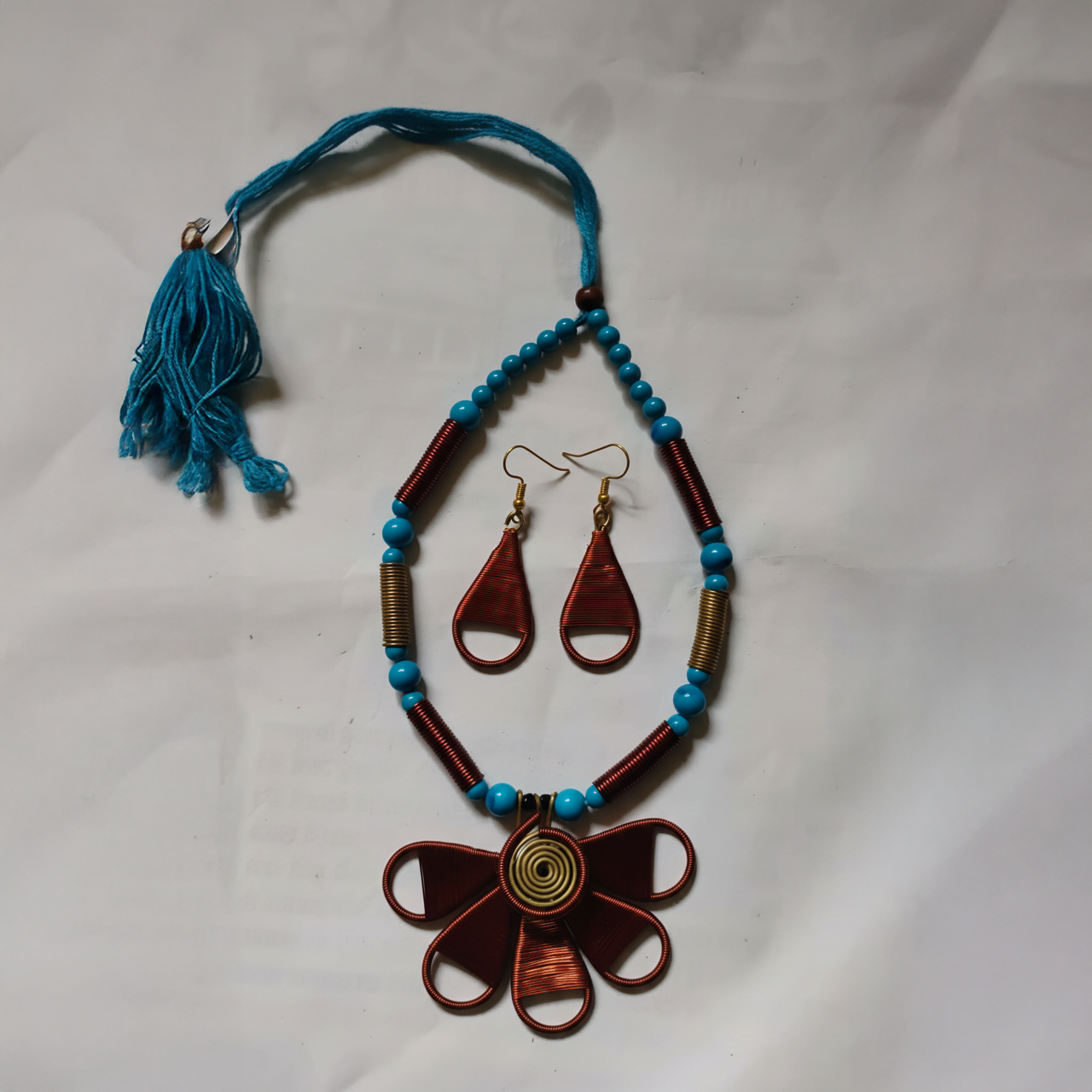 Turquoise Flower Brass Necklace Set
