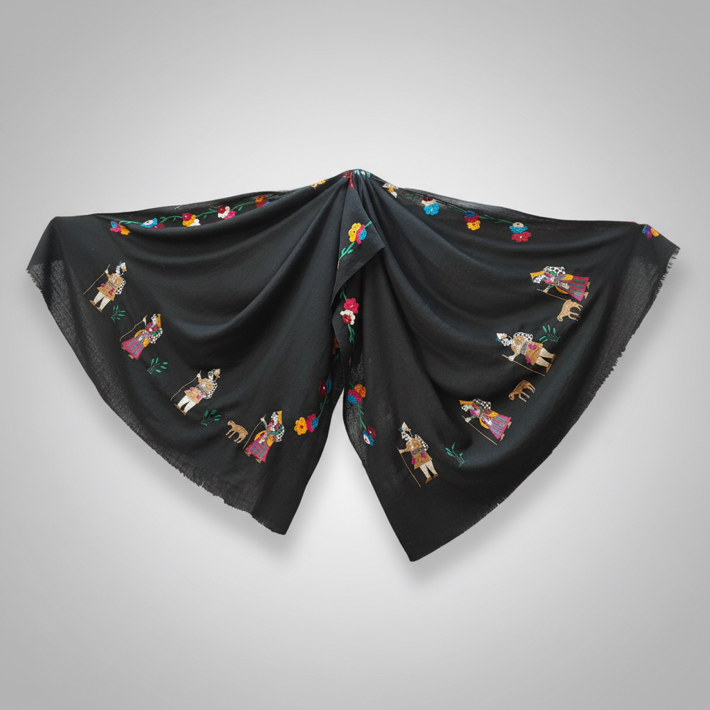 Handcrafted Chamba Shawl with Village Life Embroidery