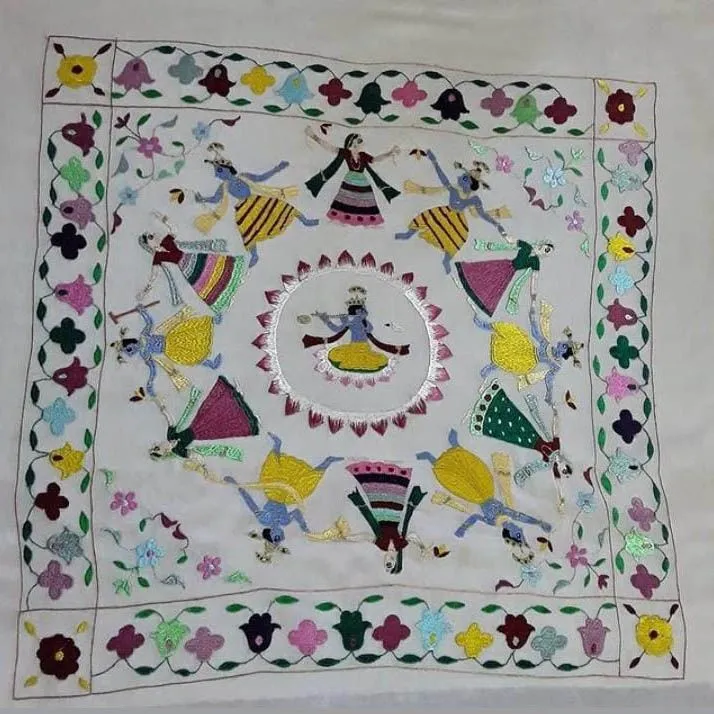 Handcrafted Chamba Rumaal with Krishna Raas Leela Dance Embroidery