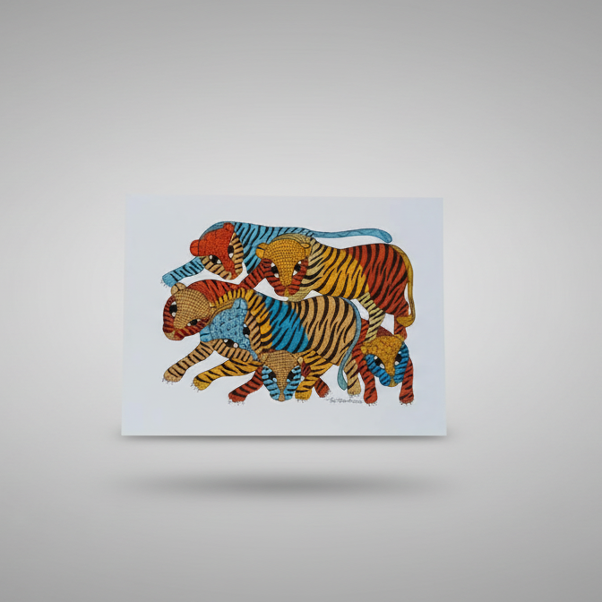 Gond Painting – Family of Tigers