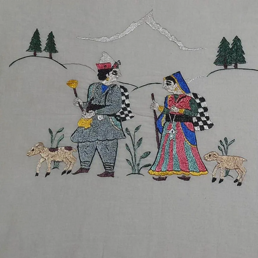 Handcrafted Chamba Rumal with Himachali Couple Embroidery