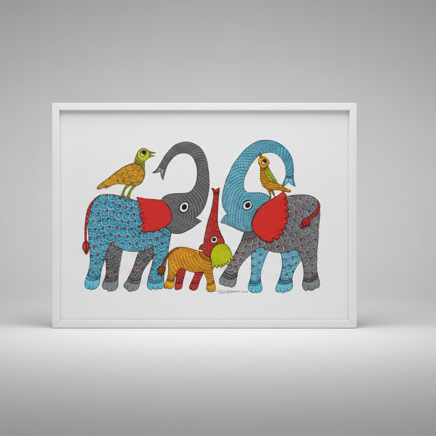 Gond Painting – Elephants and Birds Harmony