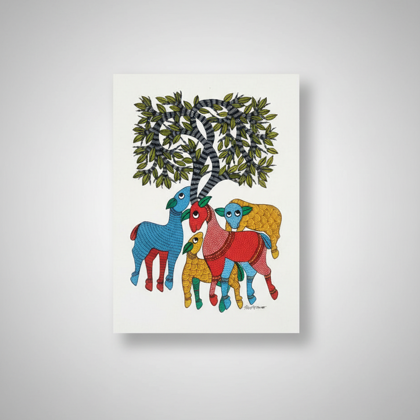 Gond Painting – Deer Family Under the Tree