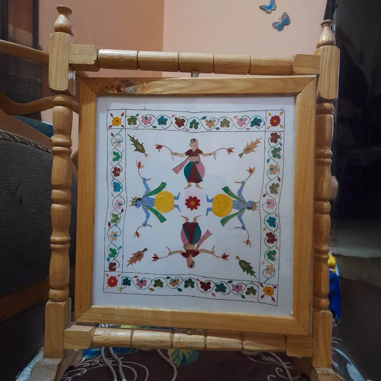 Framed Chamba Embroidery Art - Krishna Raasleela