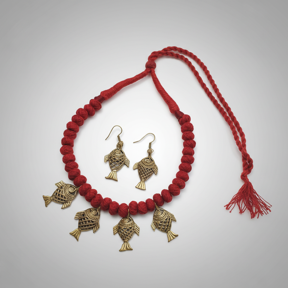 Dokra Red Fish Necklace Set (5 Fish)