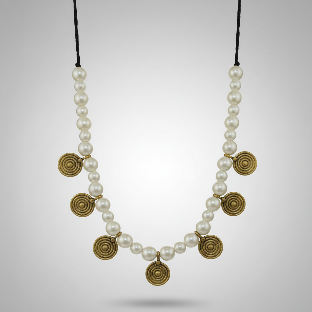 Dokra Pearl & Brass Disc Necklace
