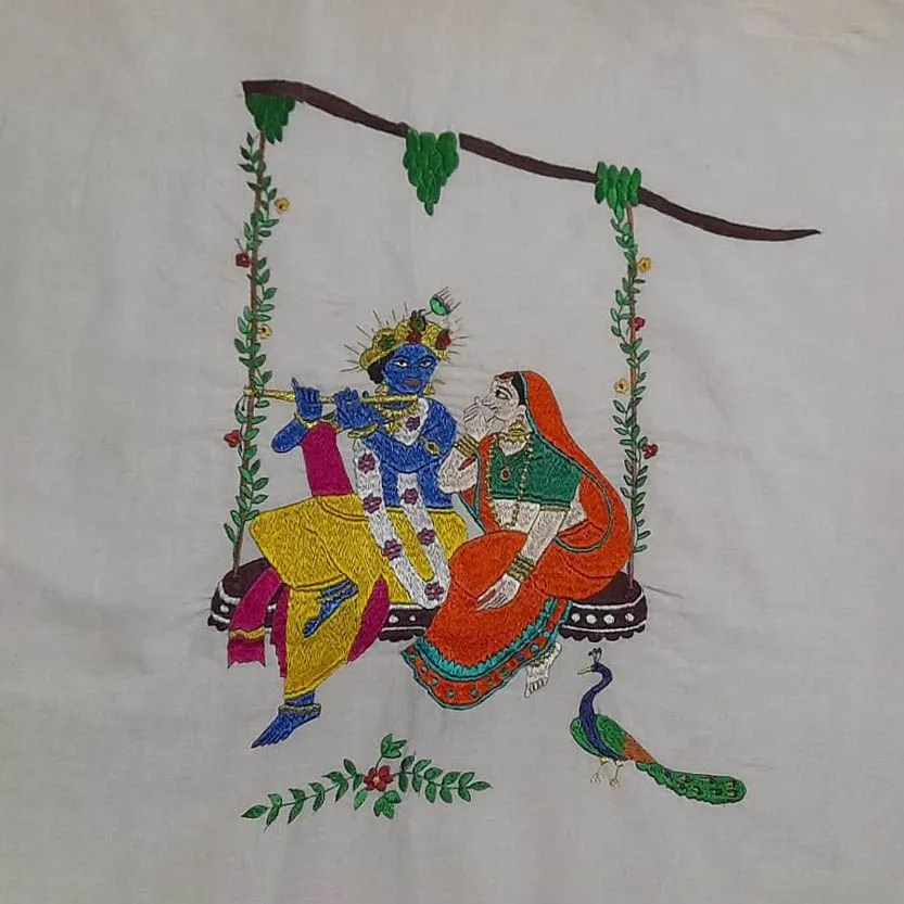 Handcrafted Chamba Rumal with Radha-Krishna Swing Embroidery
