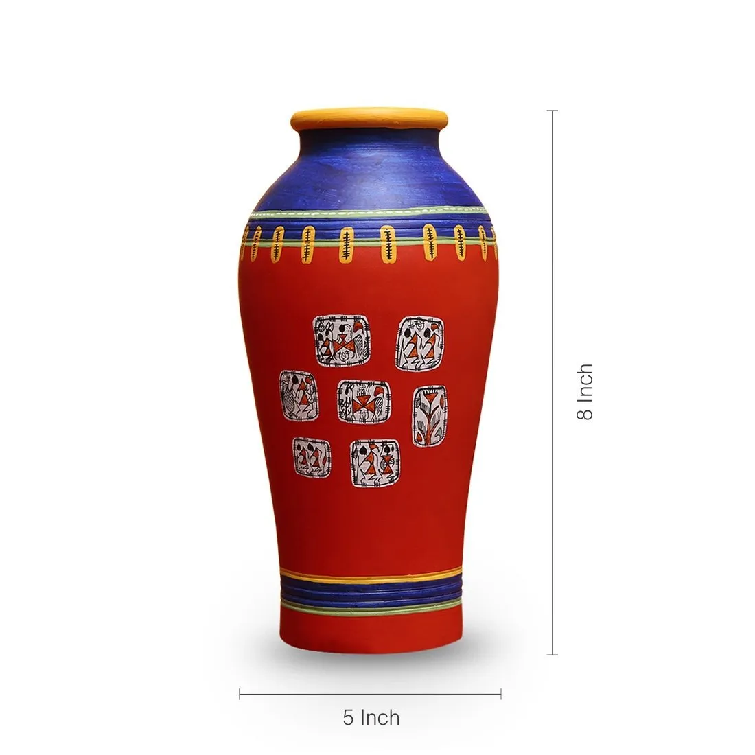 Handcrafted Red and Blue Terracotta Vase with Tribal Motifs