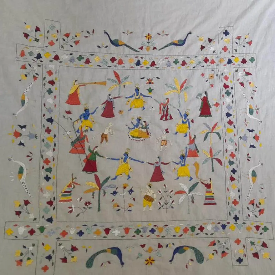 Handcrafted Chamba Rumal with Krishna Raas Leela and Peacock Motifs