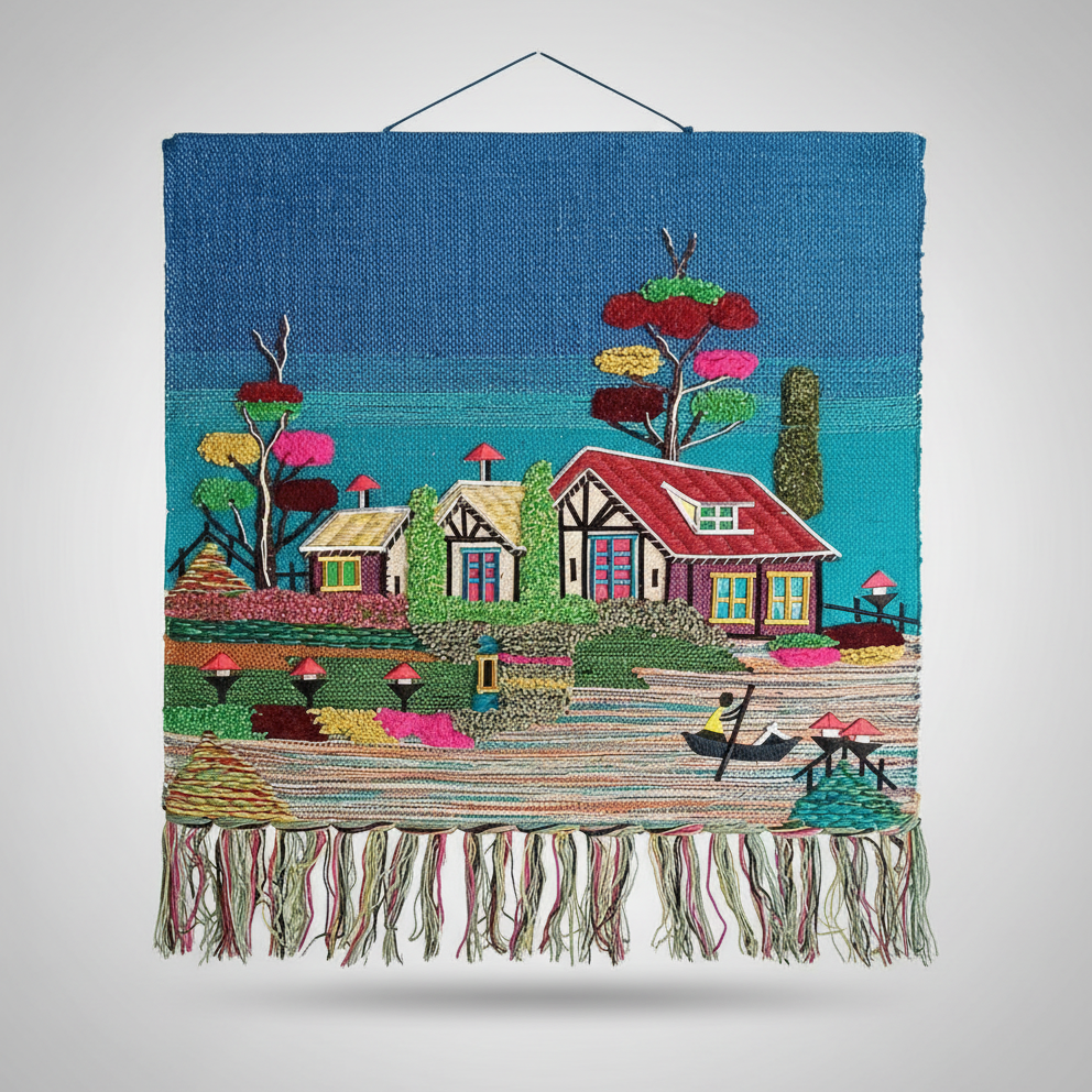 Colorful Village Jute Wall Hanging
