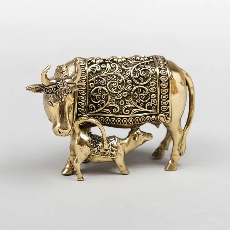 Kamdhenu Cow & Calf Brass Idol