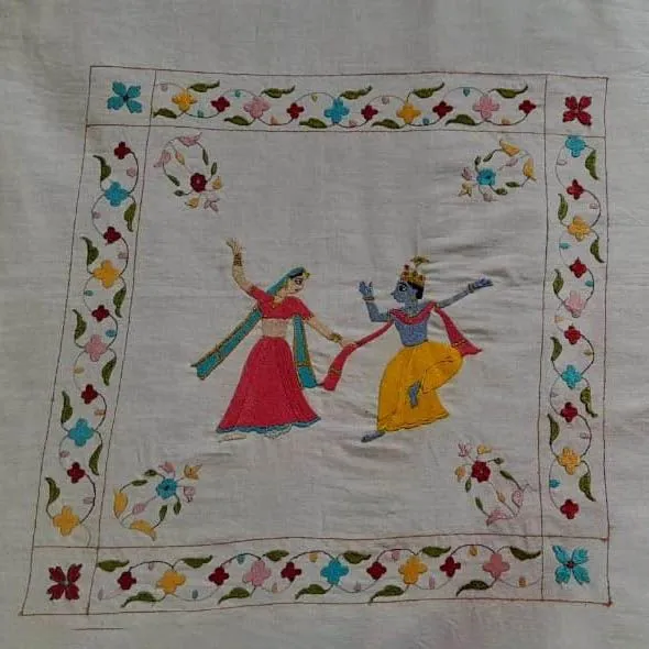Handcrafted Chamba Rumal with Radha Krishna Dance Embroidery