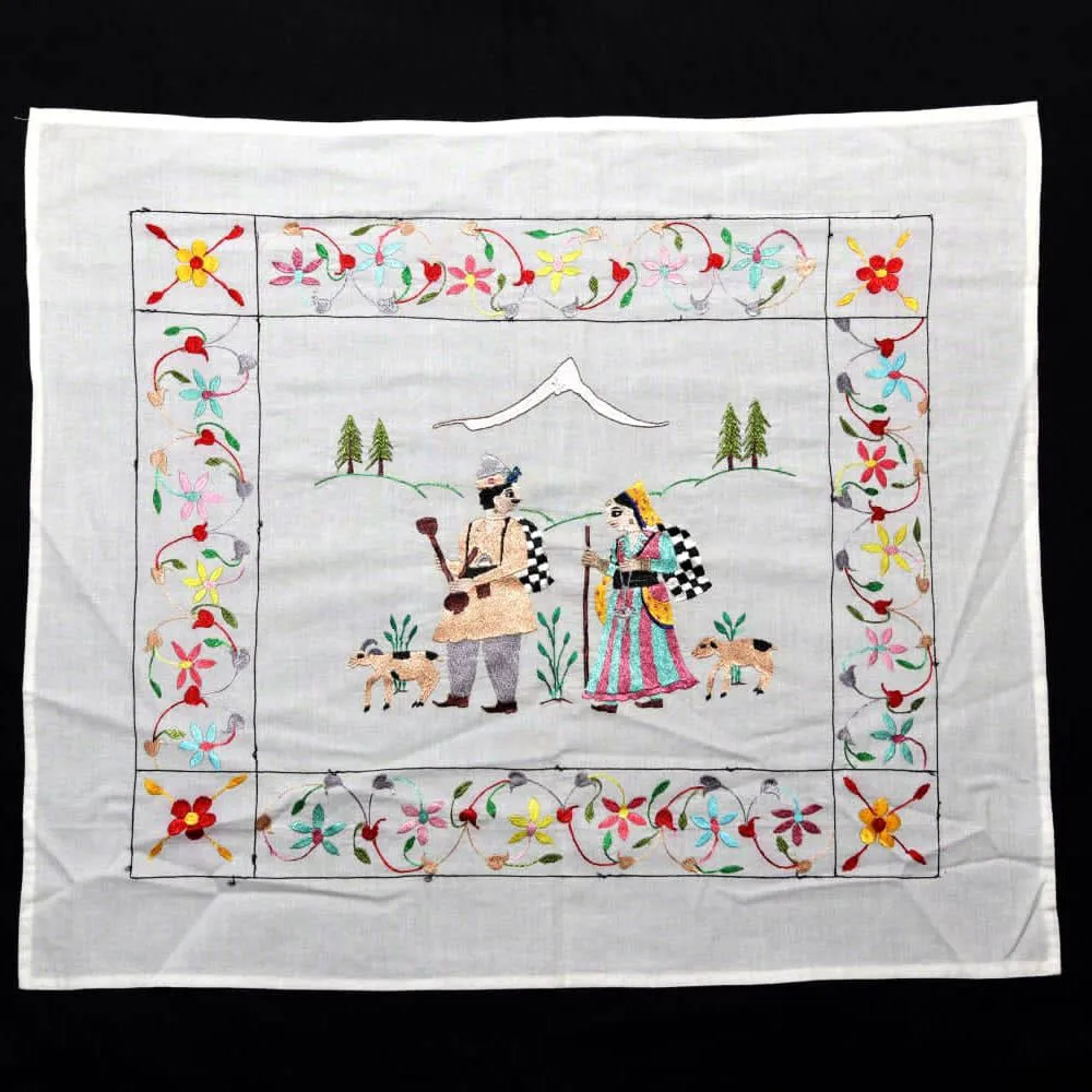 Handcrafted Chamba Rumaal with Pastoral Scene Embroidery