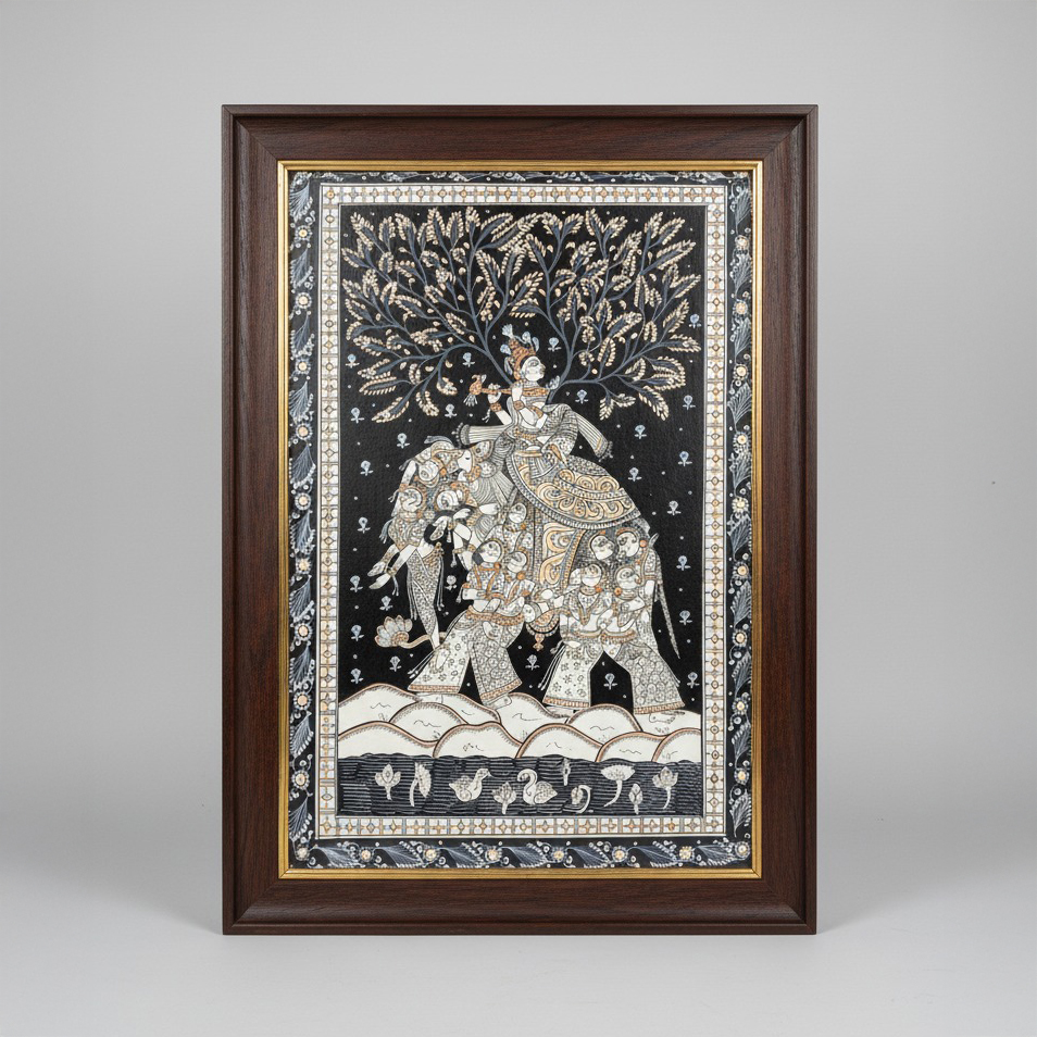 Monochrome Pattachitra – Royal Elephant Procession under Tree (Framed)
