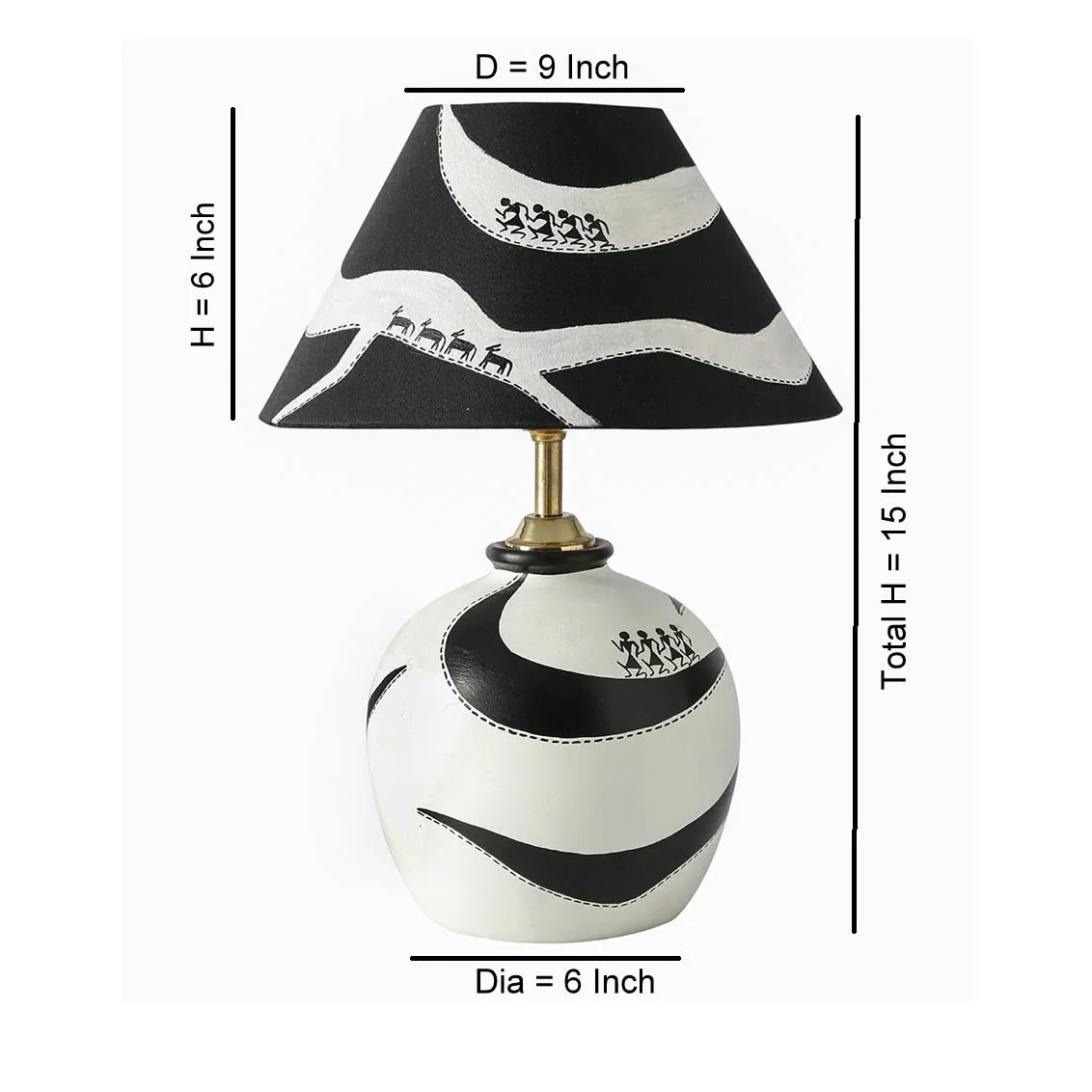 Handcrafted Black & White Terracotta Table Lamp with Tribal Art