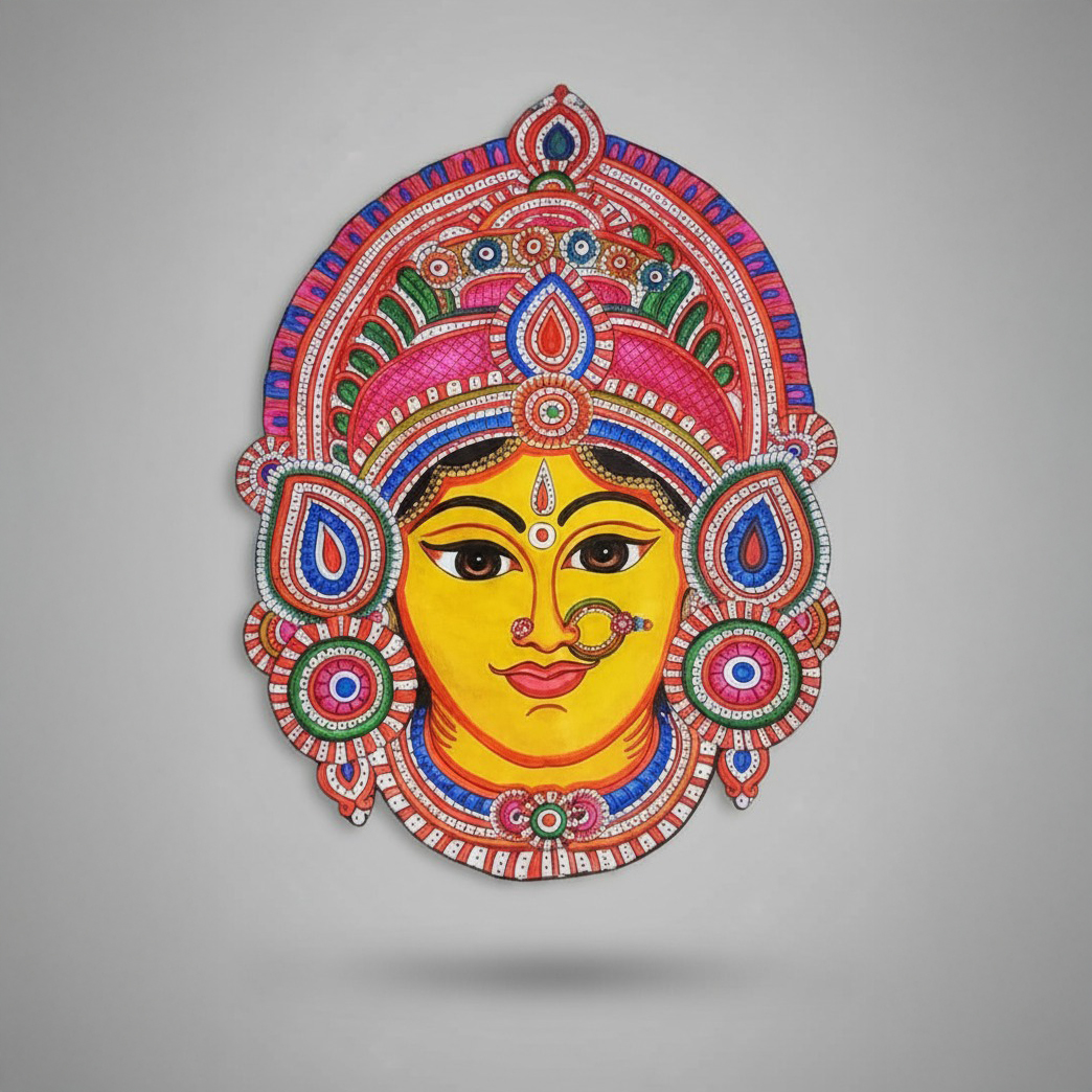 Leather Mask – Goddess Durga (Yellow Face, Ornate Crown)