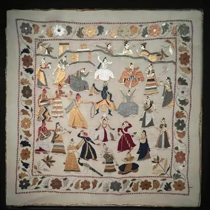 Handcrafted Chamba Rumal with Krishna Raas Leela Embroidery