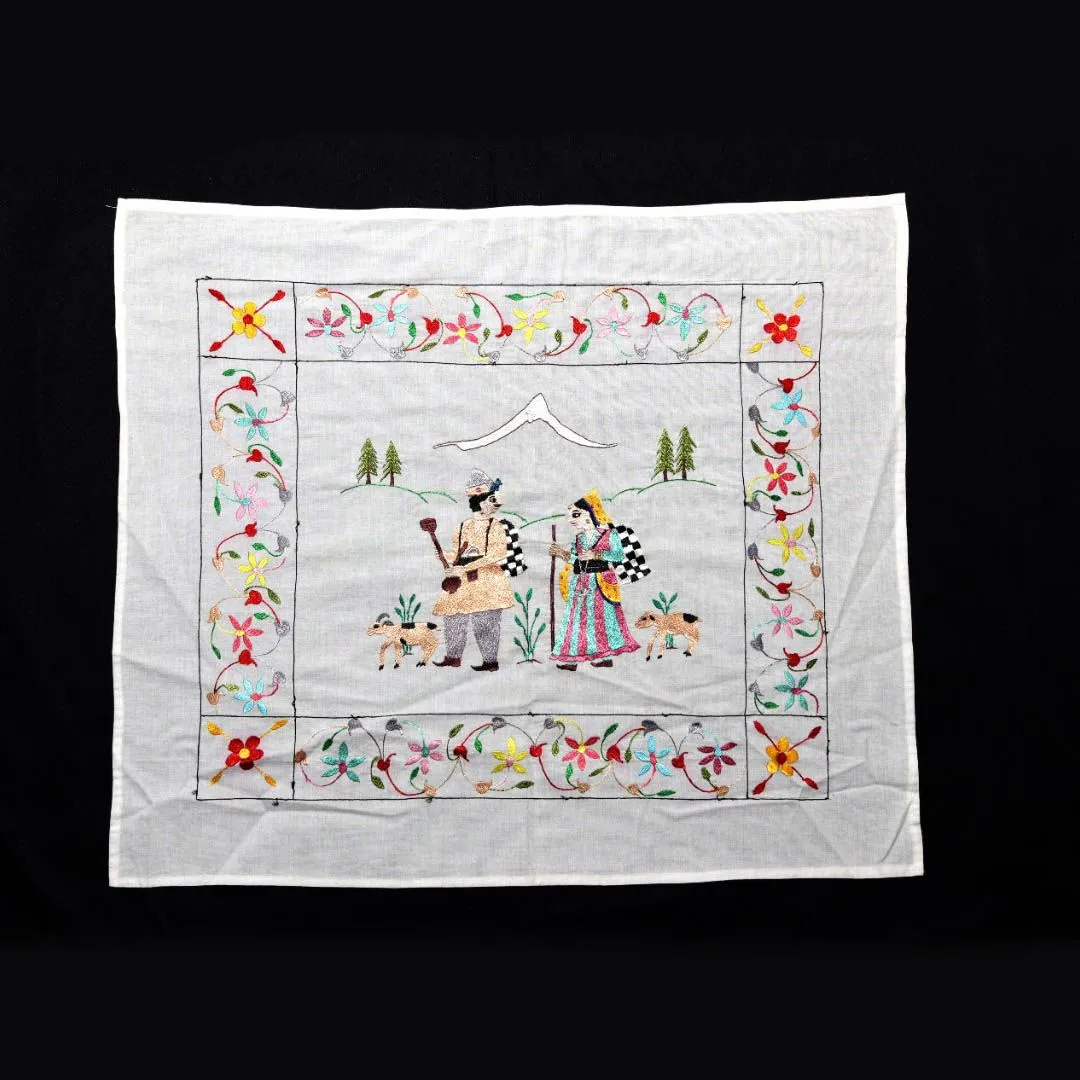 Chamba Rumal with Traditional Pahadi Couple Embroidery